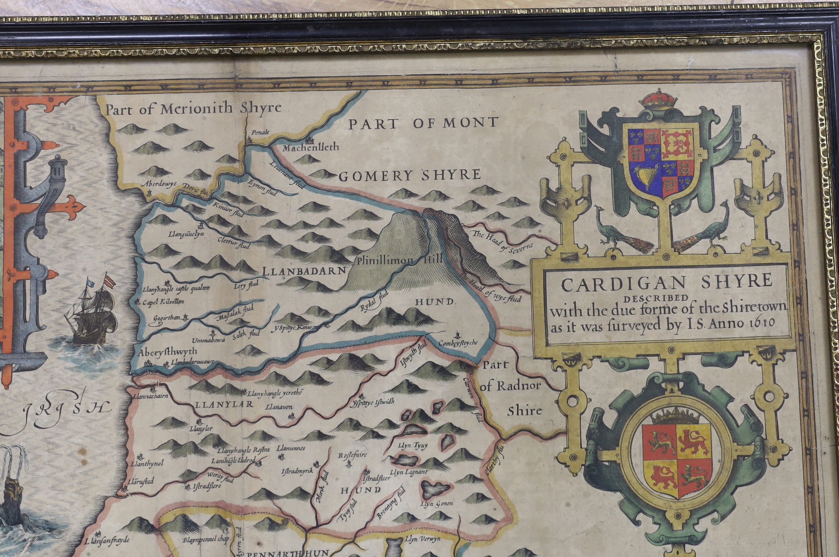 John Speed (1552-1629), hand coloured map of Cardiganshire, described with the due form of the Shiretown as it was surveyed by IS, Anno 1610, sold by John Sudbury and George Humbell, 41 x 52cm